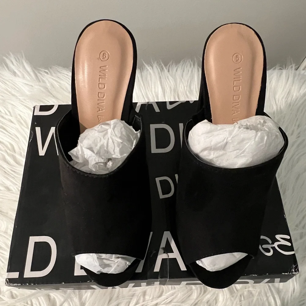 Wild Diva Black Suede High Block Heel Wedge Mule